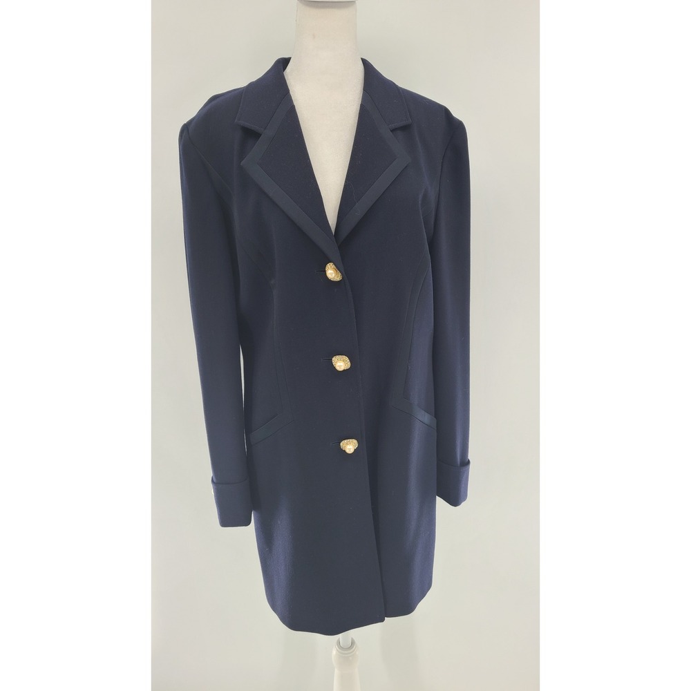 Vintage Louis Féraud Women Long Blazer Coat Jacket 8 Wool Navy Glam Gold‎ Button